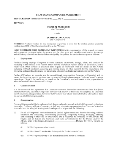 Picture of Film Score Composer Agreement (Work for Hire)