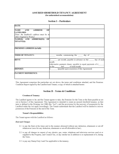 Picture of UK Assured Shorthold Tenancy Agreement (Unfurnished Premises)