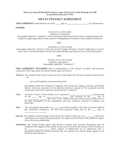 Picture of UK Multi-Tenancy Assured Shorthold Tenancy Agreement