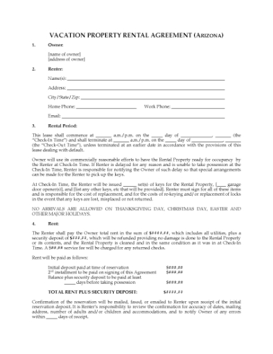 Picture of Arizona Vacation Property Rental Agreement