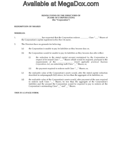 Picture of Directors Resolutions Redeeming Shares | Canada