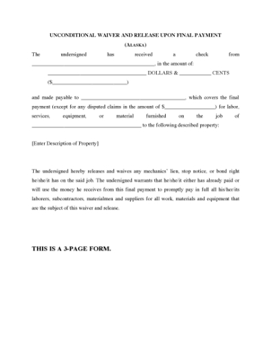 Picture of Alaska Unconditional Waiver and Release of Lien on Final Payment