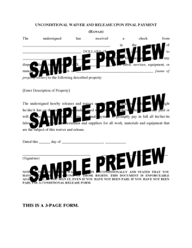 Picture of Hawaii Unconditional Waiver and Release of Lien Upon Final Payment