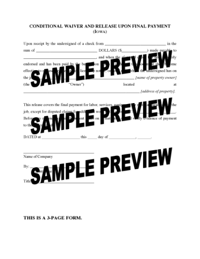 Picture of Iowa Conditional Waiver and Release of Lien Upon Final Payment