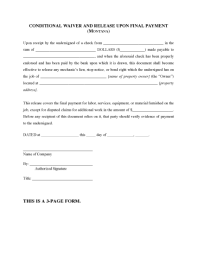 Picture of Montana Conditional Waiver and Release of Lien Upon Final Payment