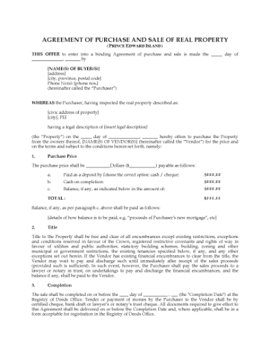 Picture of PEI Real Estate Purchase & Sale Agreement