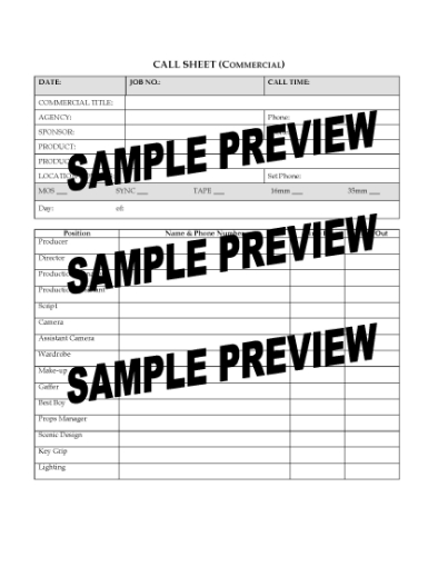 Picture of Call Sheet for TV Commercial Shoot