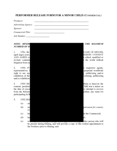 Picture of Performer Release Form for Minor in TV Commercial