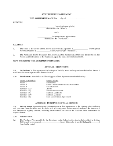 Picture of Asset Purchase Agreement | Canada