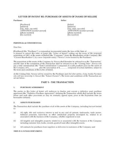 Picture of Letter of Intent to Purchase Business Assets | USA