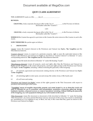 Picture of Alberta Quit Claim Agreement for Oil and Gas Rights