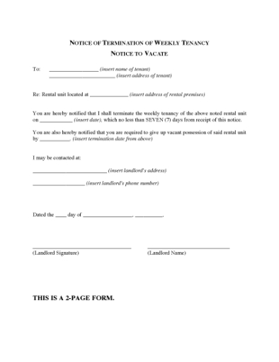 Picture of Kentucky Notice to Tenant of Termination of Weekly Tenancy and Notice to Vacate