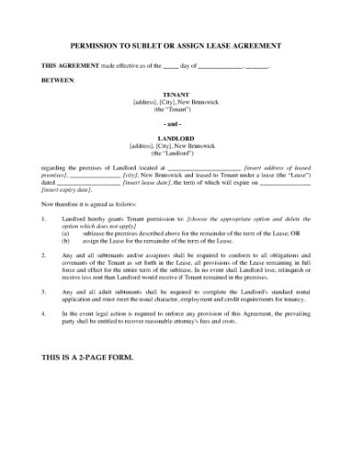 Picture of New Brunswick Permission to Sublet or Assign Lease