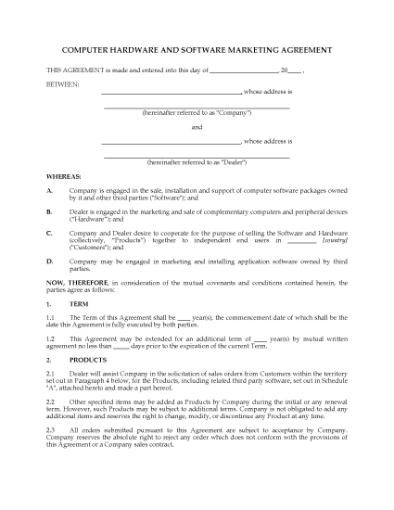 Picture of Computer Hardware and Software Marketing Agreement