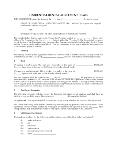 Picture of Idaho Rental Agreement for Residential Premises