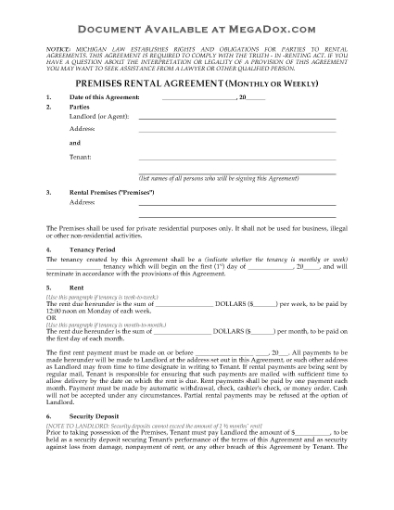 Picture of Michigan Rental Agreement (Monthly or Weekly)