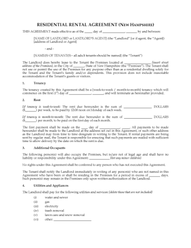 Picture of New Hampshire Rental Agreement for Residential Premises