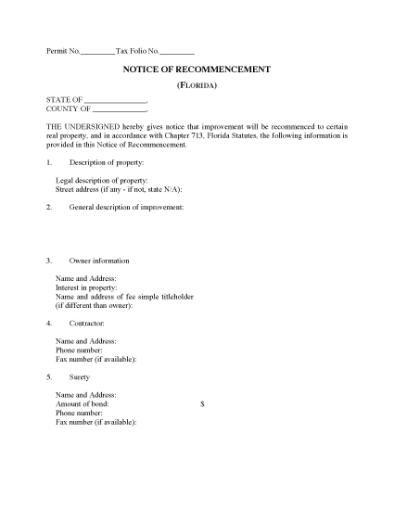 Picture of Florida Notice of Recommencement