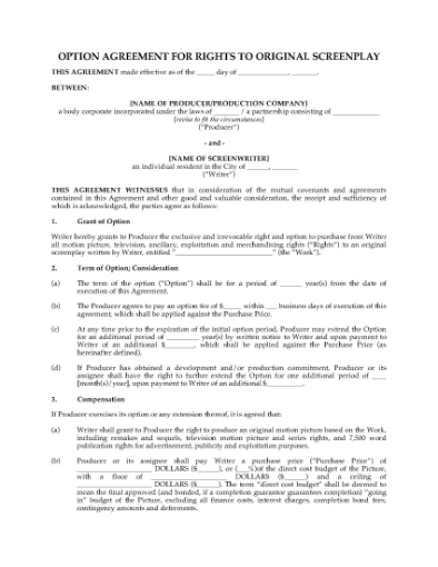 Picture of Option Agreement for Rights to Original Screenplay