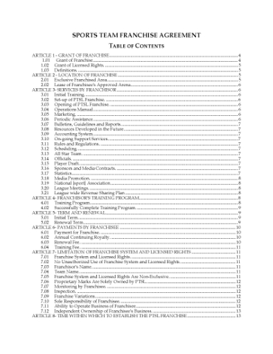 Picture of USA Franchise Agreement for Sports Team