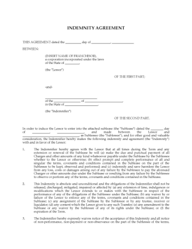 Picture of USA Franchisee Indemnity Agreement for Sublease