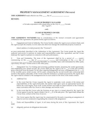 Picture of Nevada Rental Property Management Agreement