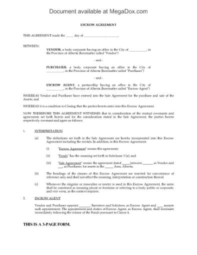 Picture of Alberta Escrow Agreement for Oil and Gas Assets