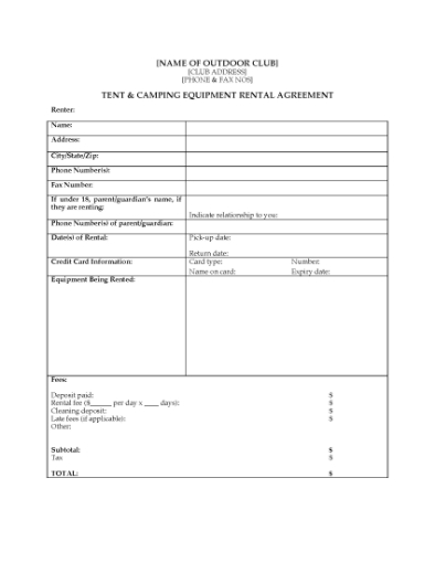 Picture of Tent & Camping Equipment Rental Agreement