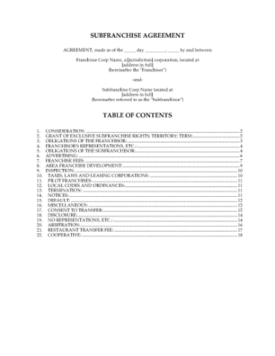 Picture of USA Sub-Franchise Agreement for Restaurant Franchises