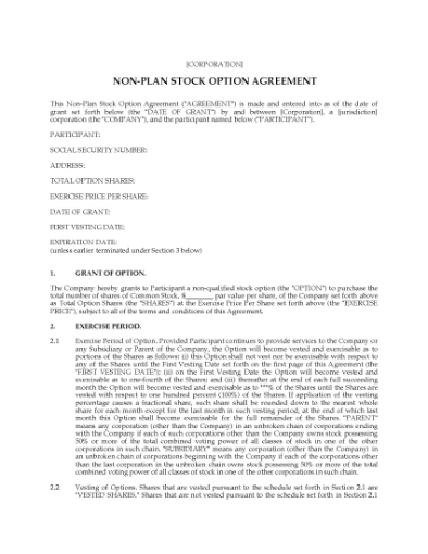 Picture of USA Non-Plan Stock Option Agreement