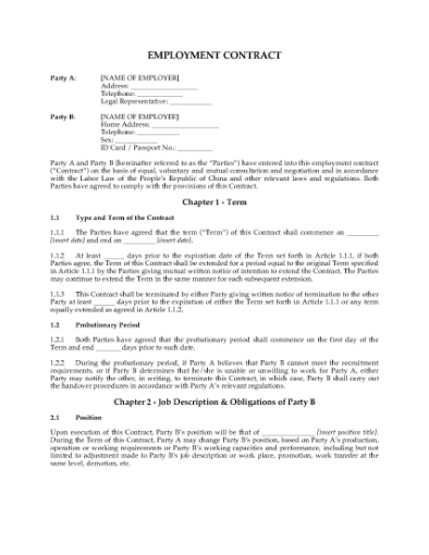 Picture of Management Employment Contract | China