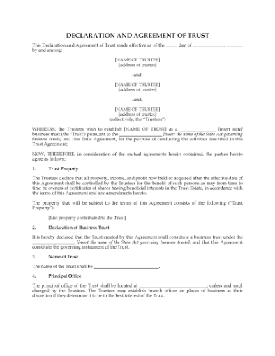 Picture of Business Trust Declaration and Agreement | USA