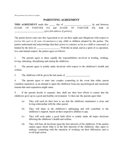 Picture of Parenting Agreement for Same Sex Couple