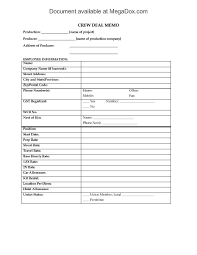 Picture of Crew Deal Memo for Movie or TV Production | Canada