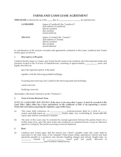 Picture of Saskatchewan Farm Land Cash Lease Agreement