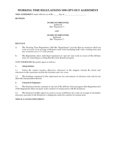 Picture of Working Time Regulations Opt-Out Agreement | UK