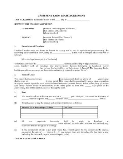 Picture of Oregon Cash Rent Farm Lease