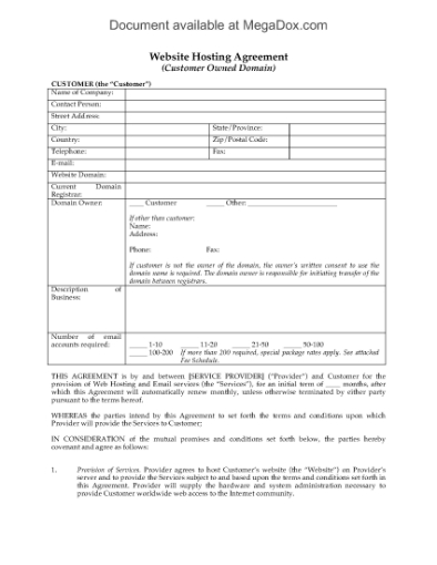 Picture of Web Hosting Agreement for Domain Owned by Customer