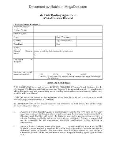 Picture of Web Hosting Agreement for Provider-Owned Domain