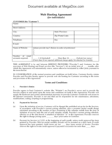 Picture of Web Hosting Agreement for Individual Customers