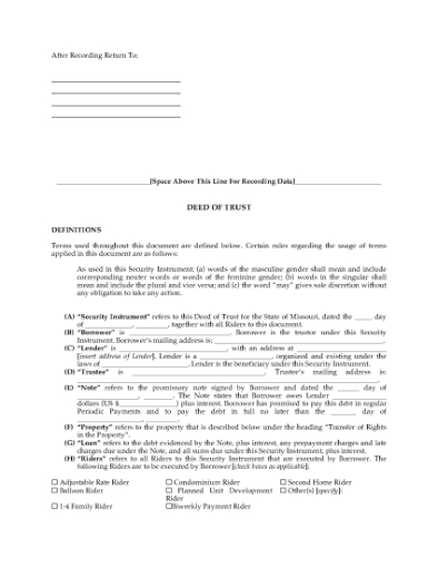 Picture of Missouri Deed of Trust