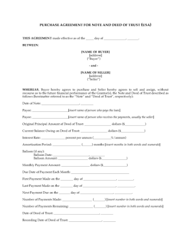 Picture of USA Purchase Agreement for Deed of Trust