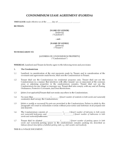 Picture of Florida Condominium Lease Agreement