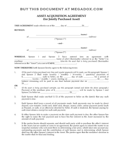 Picture of Acquisition Agreement for Jointly Owned Asset | Canada