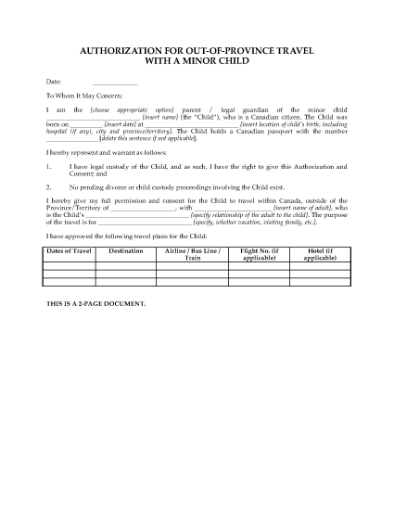 Picture of Canada Parental Authorization for Travel with Minor Child