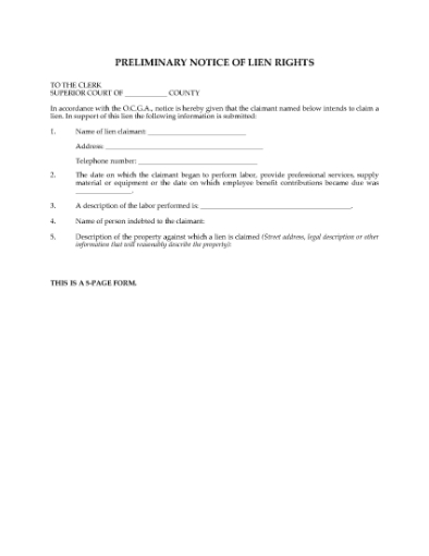 Picture of Georgia Preliminary Notice of Lien Rights