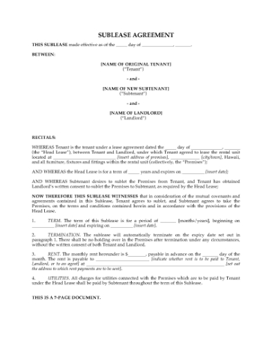 Picture of Hawaii Residential Sublease Agreement