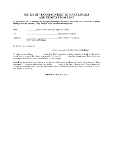 Picture of Michigan Notice of Tenant's Intent to Make Repairs and Deduct from Rent