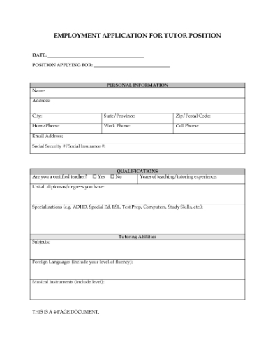 Picture of Employment Application for Tutoring Position