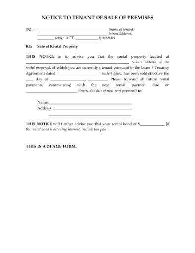 Picture of ACT Notice to Tenant of Sale of Rental Premises